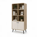 Reol med skab i lyst egetræslook, creme og sort, 80 x 35 x 180 cm