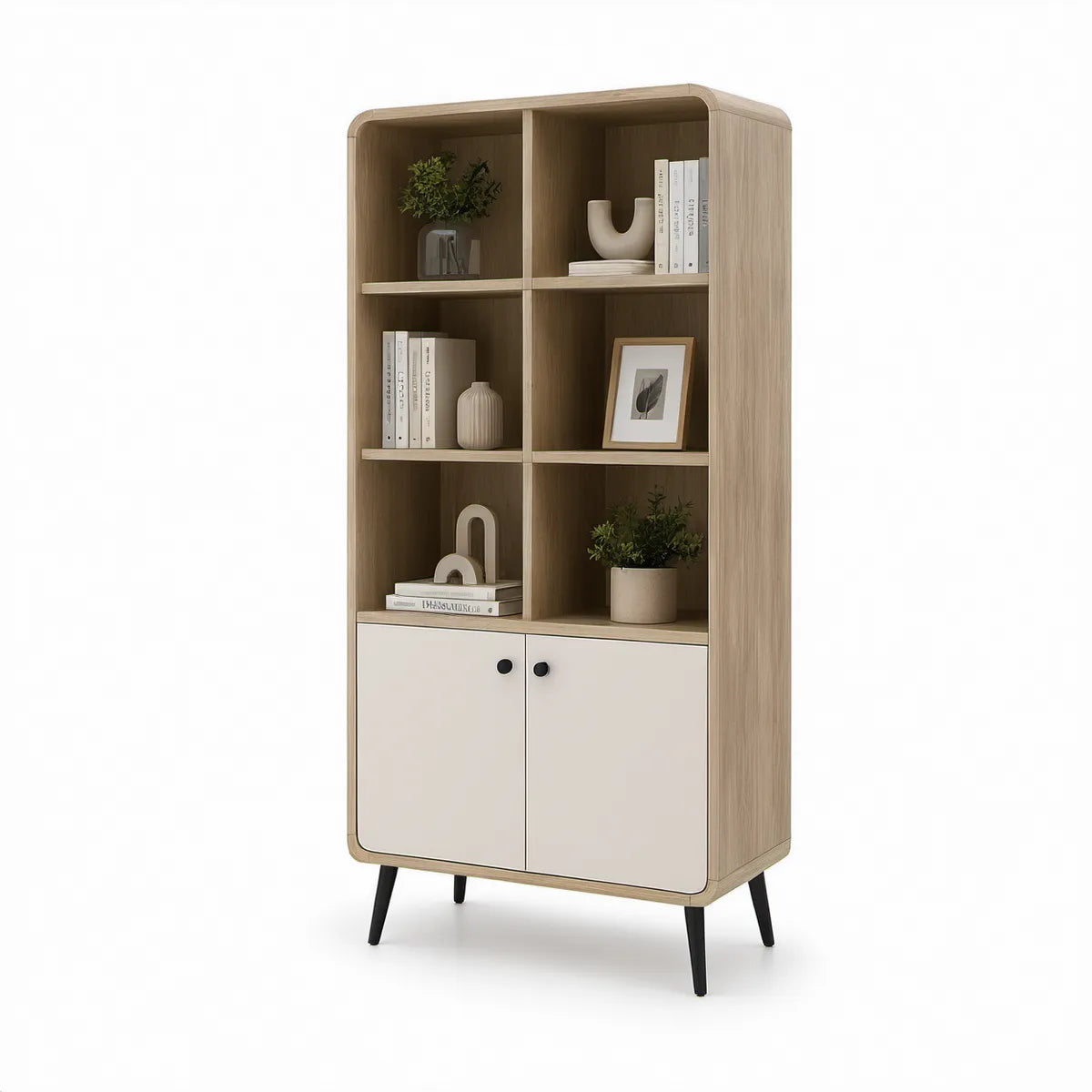 Reol med skab i lyst egetræslook, creme og sort, 80 x 35 x 180 cm