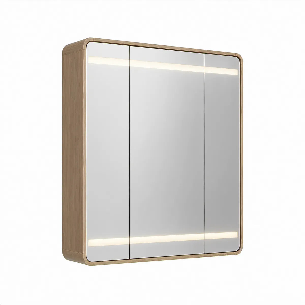 Spejlskab med LED-belysning, 3 spejllåger, 80 x 70 x 15 cm, natur eg og sølv