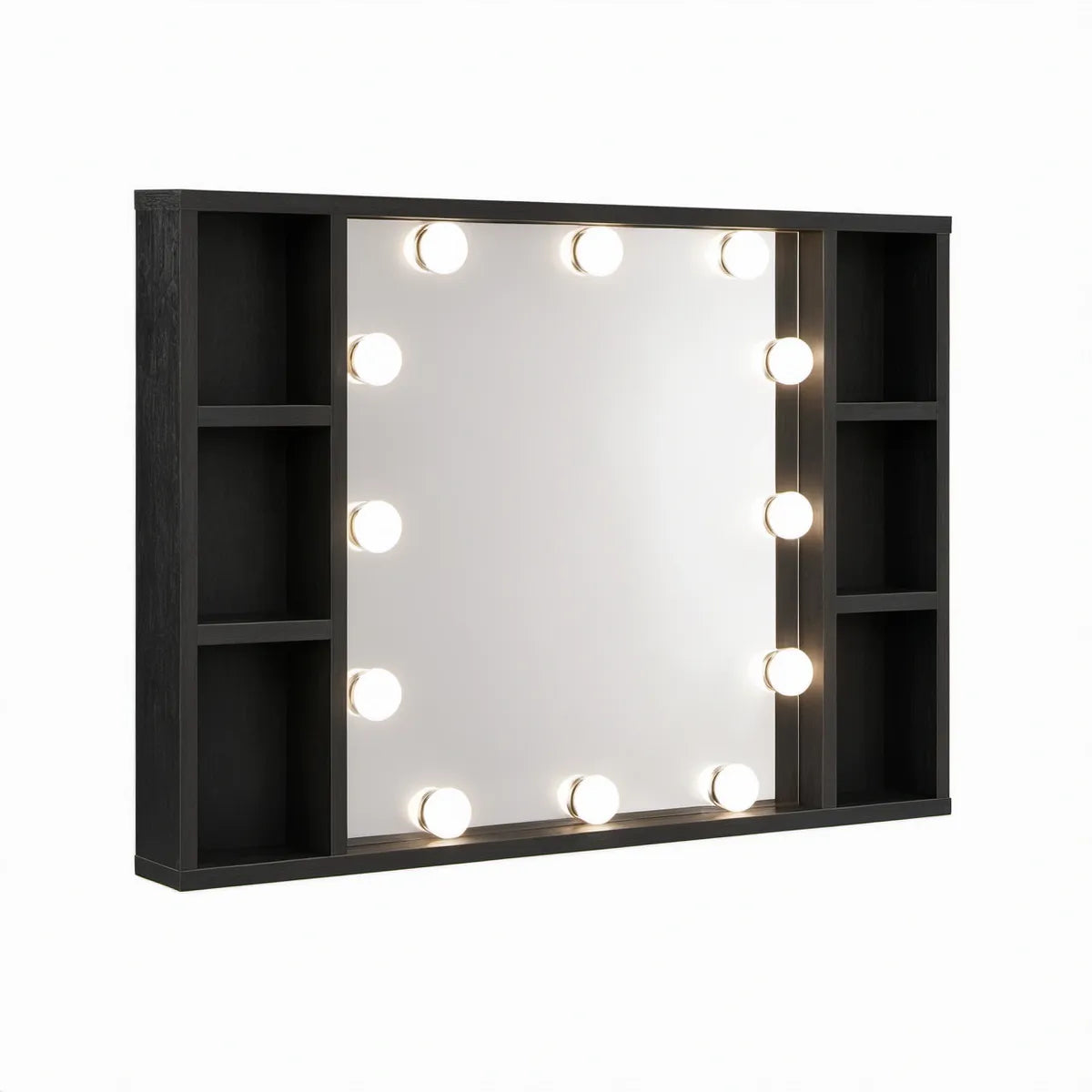 Sort spejlskab med LED-lys og åbne hylder, 90 x 10,5 x 60 cm