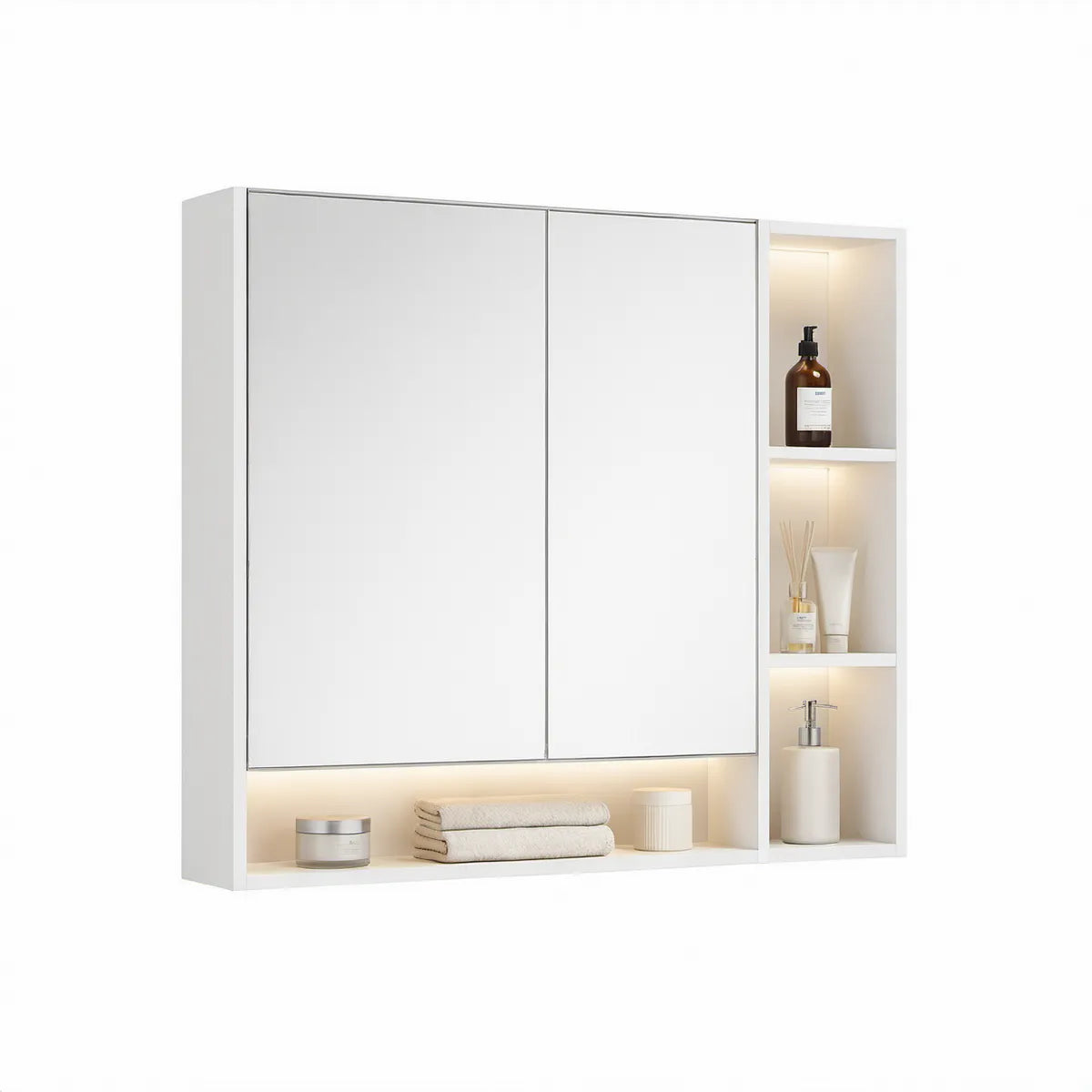 Hvidt rektangulært badeværelsesspejlskab med LED-belysning, 80 x 70 x 13 cm
