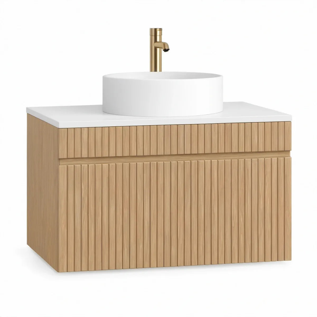 Vægmonteret vaskeskabssæt 80 x 46 x 55 cm med rund bordpladevask, natur eg/hvid/guld